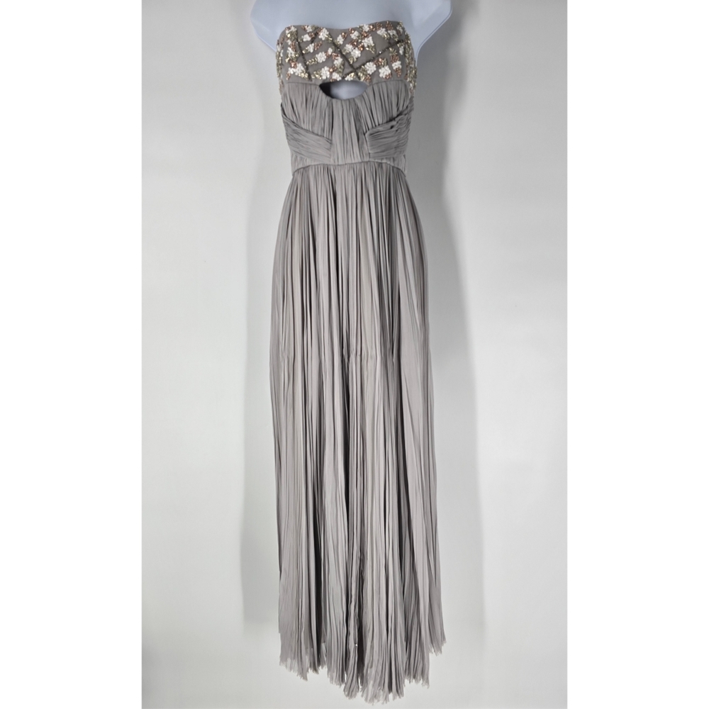 J. Mendel Silk Grey Pleated Embellished Strapless Evening Gown Size 12